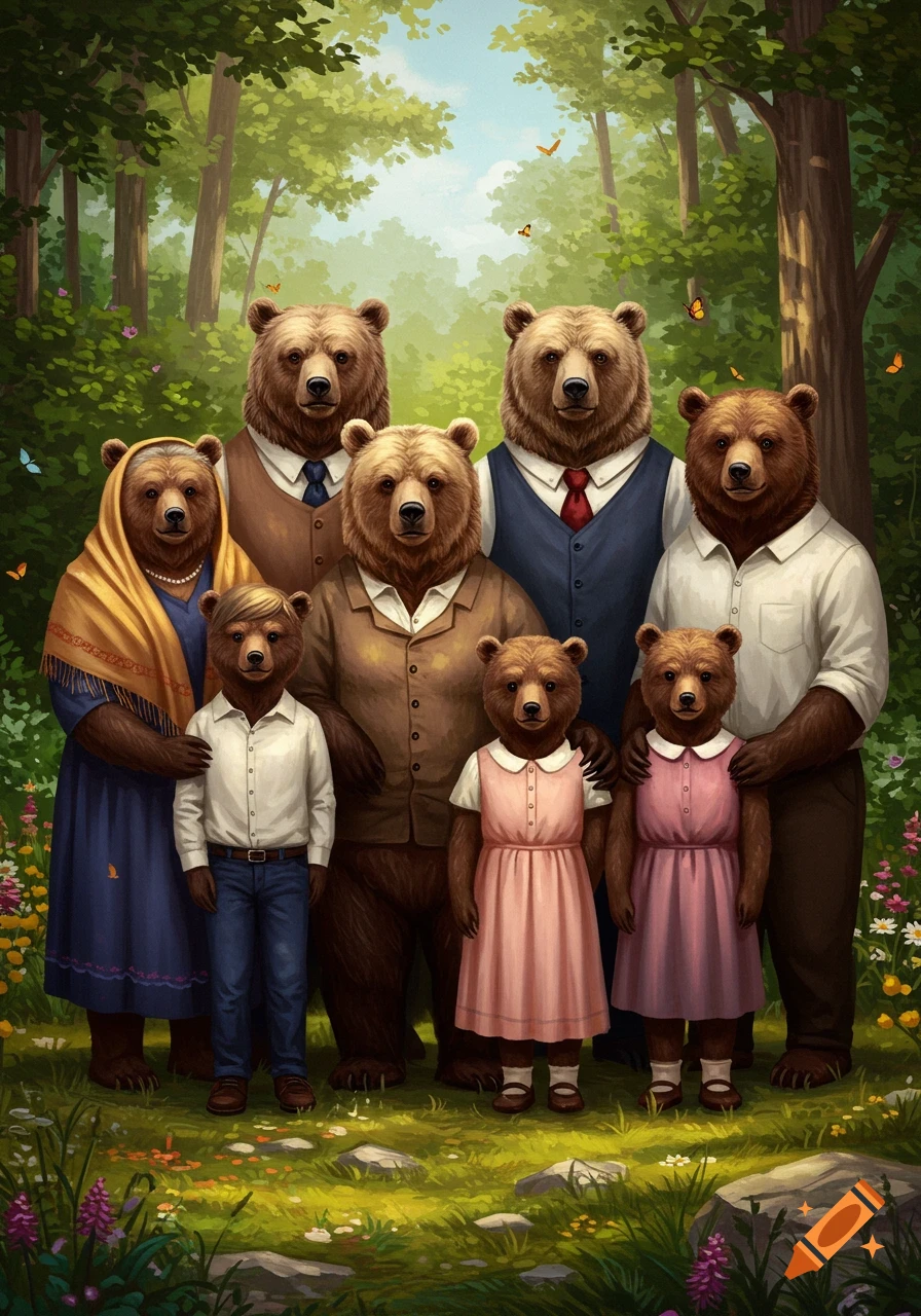 An anthropomorphic bear family, including grandparents, parents, and children, stands together in a lush forest in a detailed illustration.
