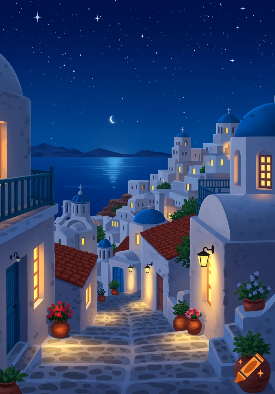 Cartoon illustration of a Greek village at night, with white buildings, blue domes, and illuminated windows, under a starry sky with a crescent moon above the sea.