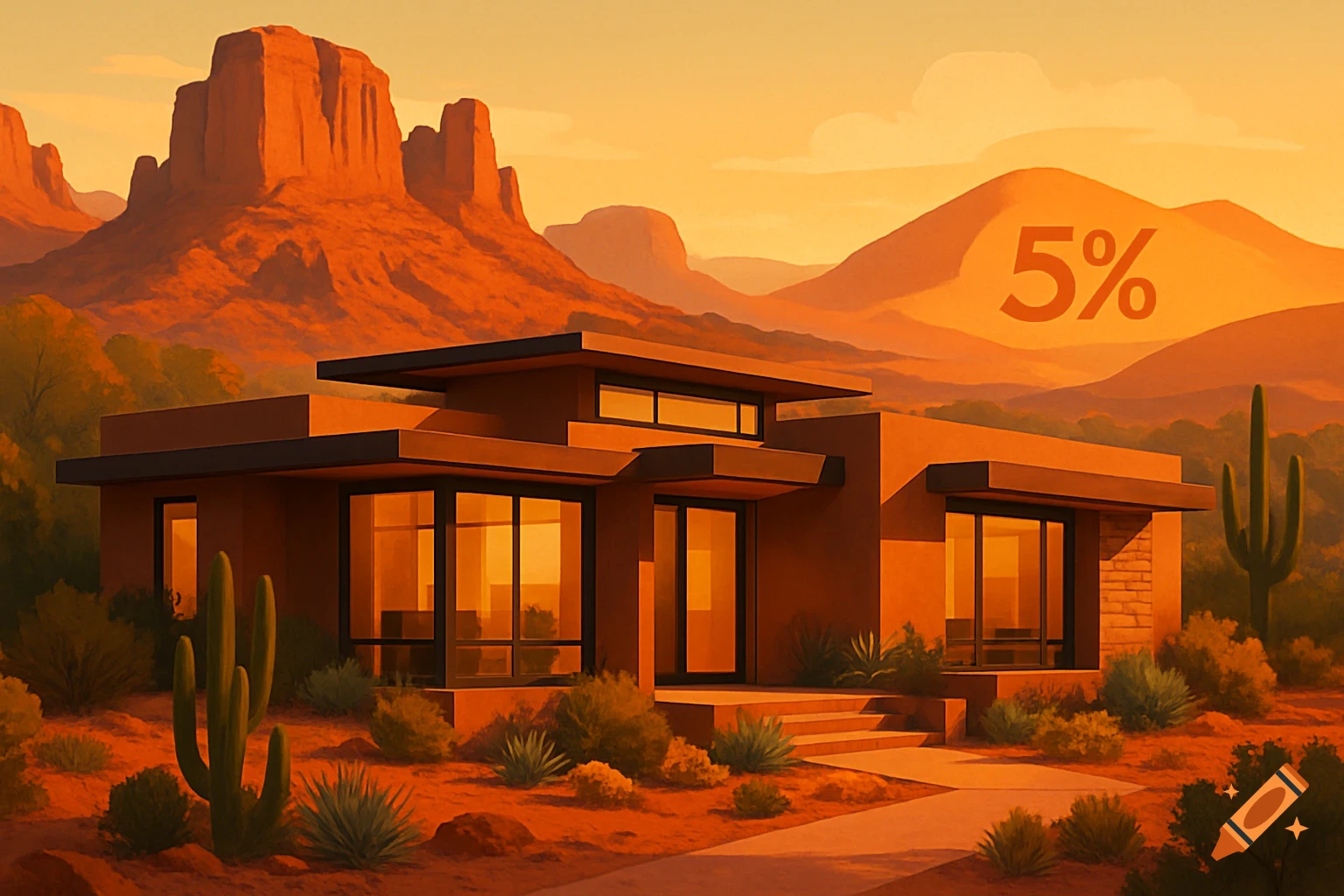 A modern, angular house with large windows sits in a vast desert landscape with cacti and red rock formations under an orange sky. The number "5%" is visible on a distant mountain.