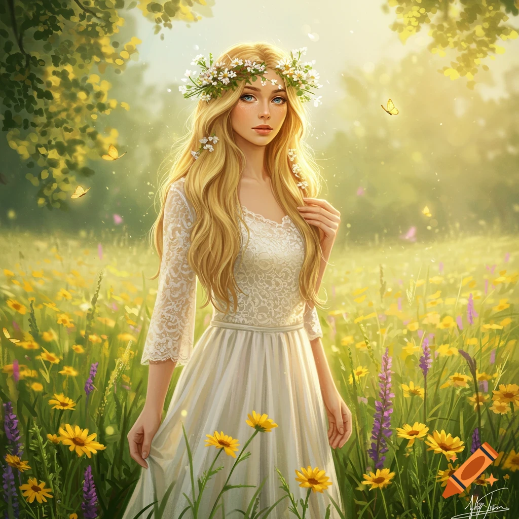 A young blonde woman in a white dress and flower crown stands in a sunny field of yellow and purple wildflowers with butterflies.