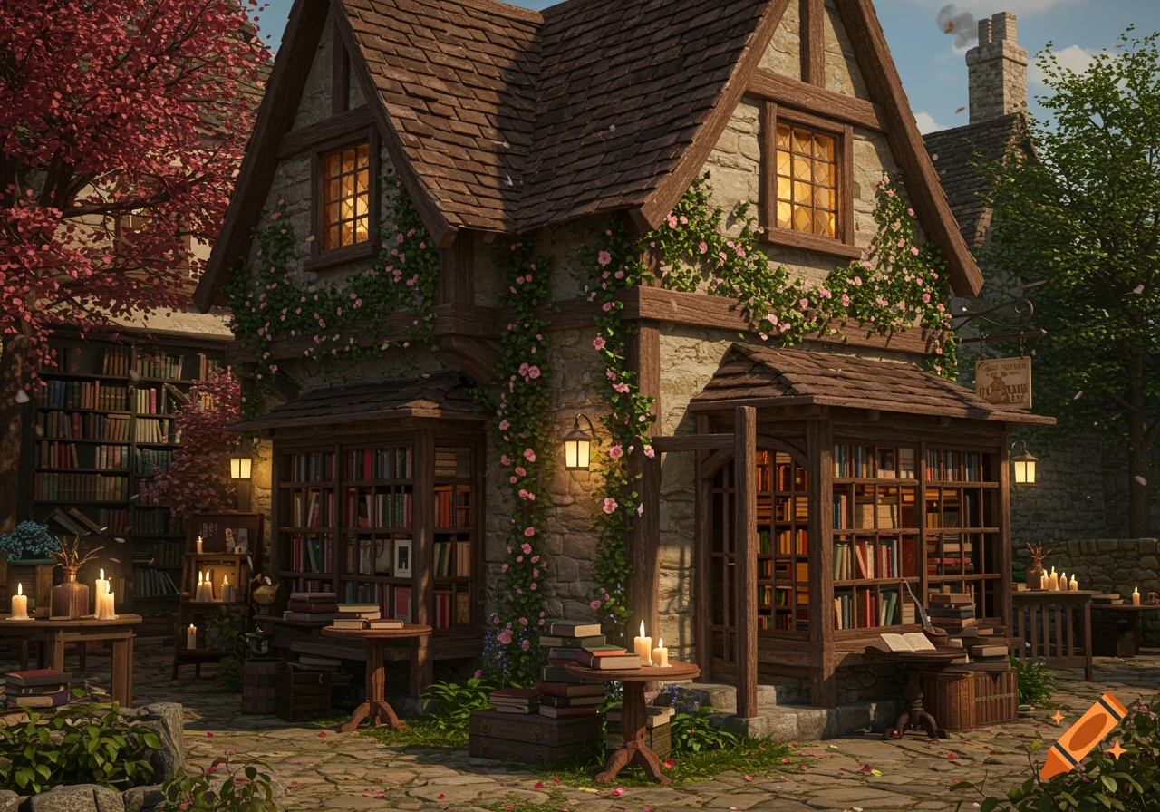A cozy fantasy bookshop with a stone building, vine-covered walls, glowing windows, and outdoor shelves filled with books and candles.
