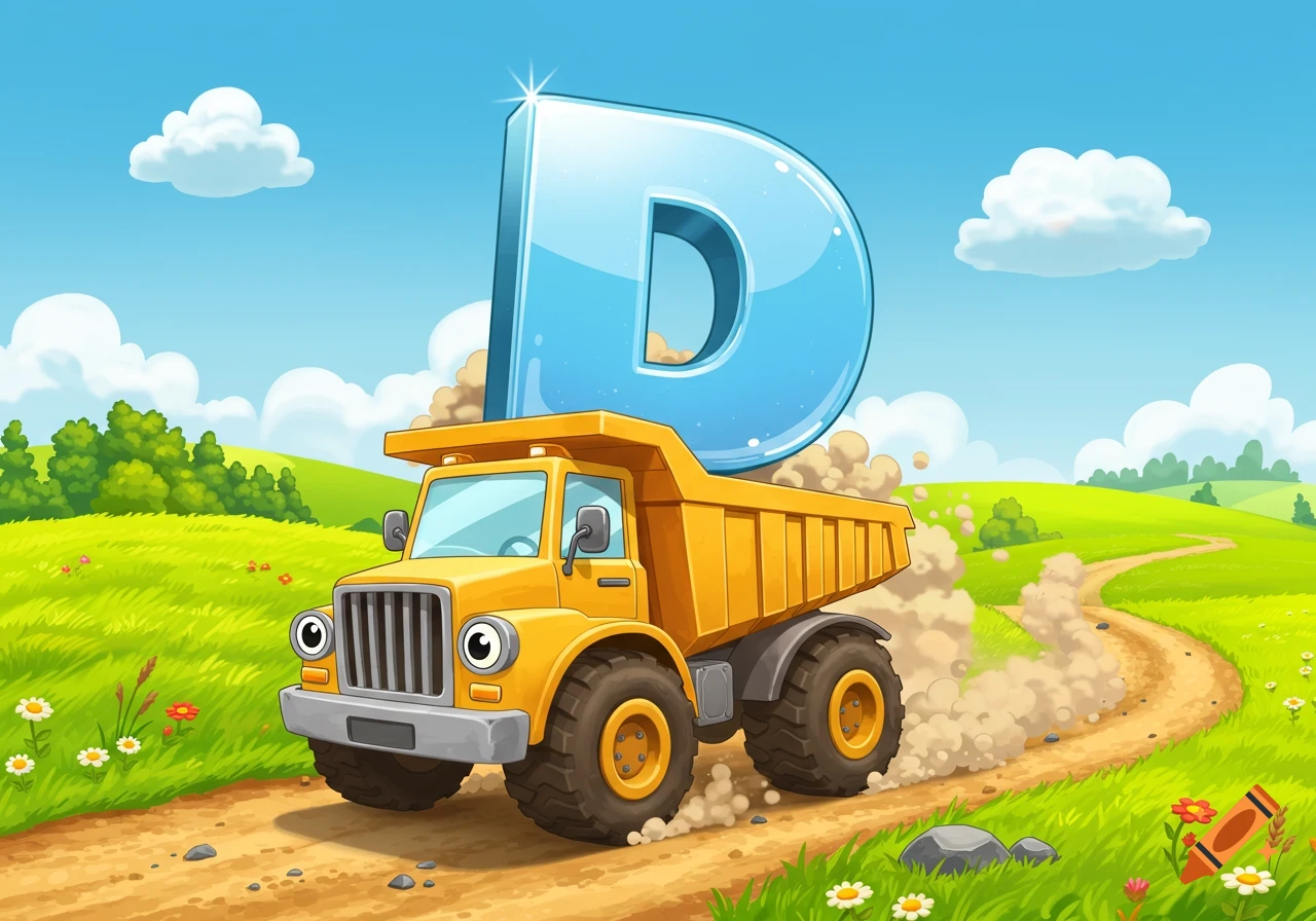 A vibrant cartoon dump truck hauls a shiny blue letter D down a winding dirt road in a green, sunny landscape.