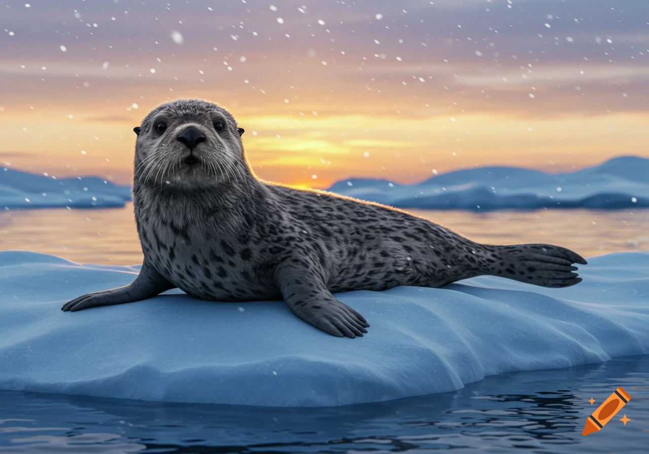 A photorealistic leopard seal-otter hybrid rests on an ice floe in arctic waters with falling snow and a sunset sky.