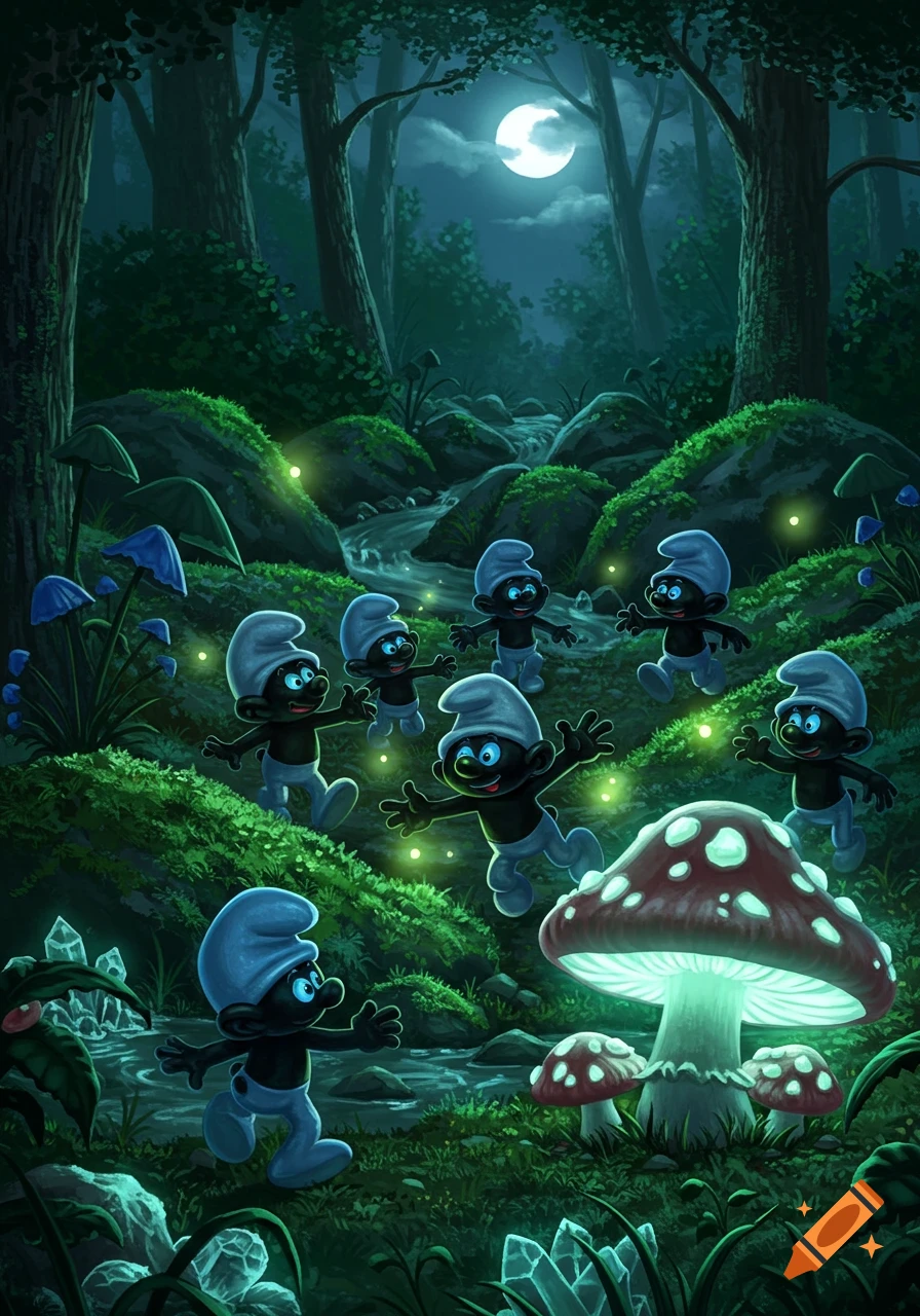 Black Smurf-like creatures run through an enchanted forest at night with glowing mushrooms and fireflies under a full moon.