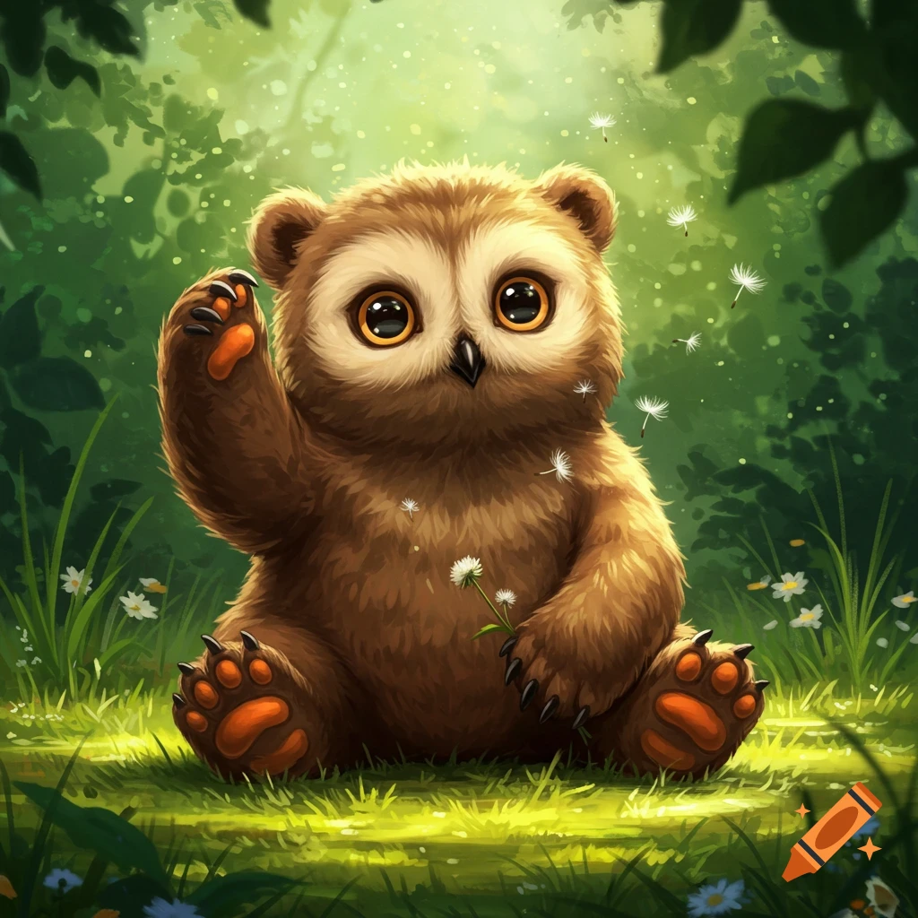 A cute, fluffy owlbear cub with big eyes and bright orange paws sits in a sunny forest clearing, holding a dandelion.