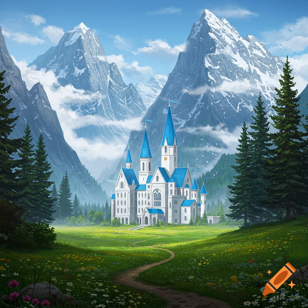 A white castle with blue spires in a green valley, surrounded by snow-capped mountains and pine trees under a blue sky.