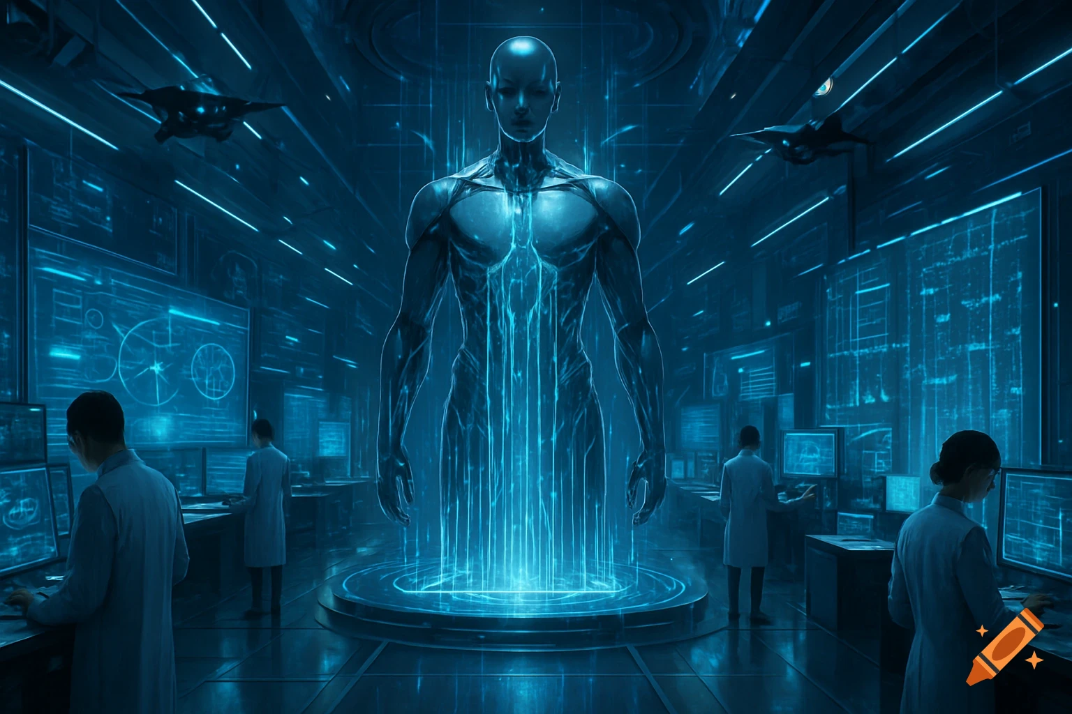 A photorealistic image of a futuristic laboratory where scientists observe a large, glowing blue humanoid figure being formed on a platform.