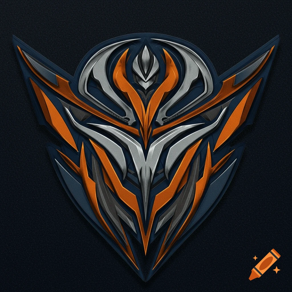 An abstract, metallic emblem in shades of orange, silver, and dark blue.