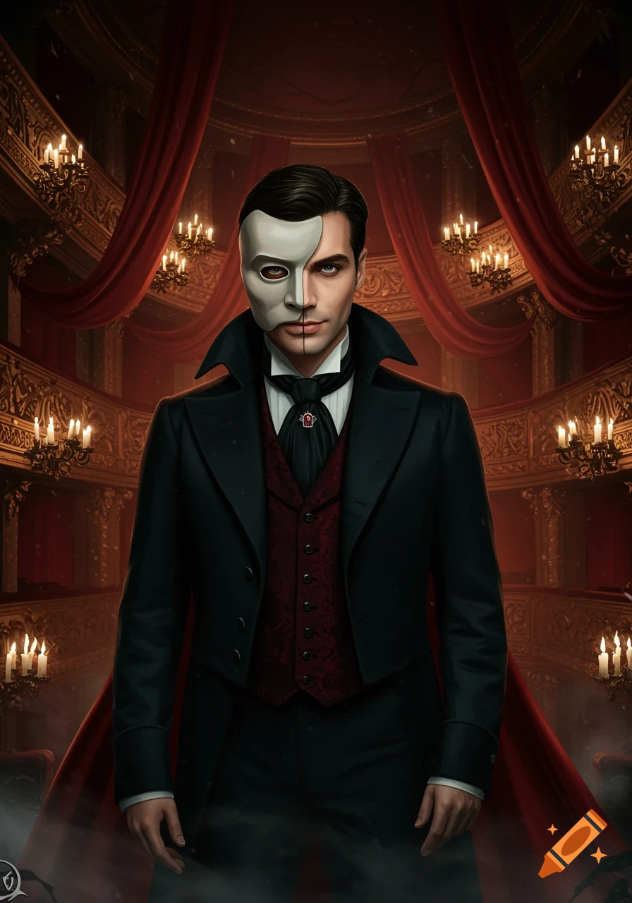 A man in a Phantom of the Opera mask and black suit stands on a stage in an ornate opera house.
