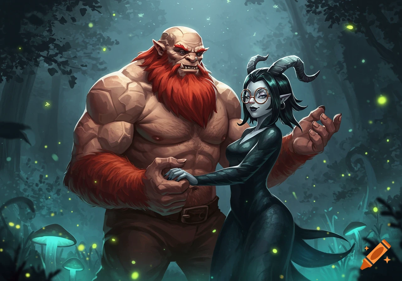A muscular, bald male monster with a red beard dances with a slender, horned female monster wearing glasses in a magical forest with glowing mushrooms.
