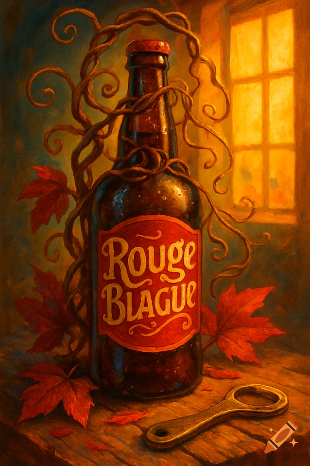 Painterly still life of a dark beer bottle labeled "Rouge BLAGUE", surrounded by red autumn leaves and a bottle opener on a wooden table near a sunlit window.