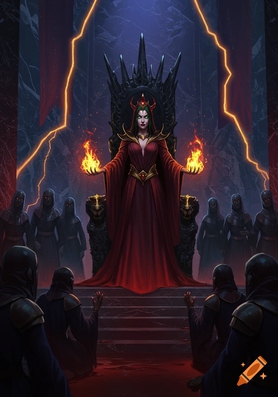 A powerful empress in a red gown sits on a dark throne, holding fire, surrounded by robed figures in a dark fantasy illustration.
