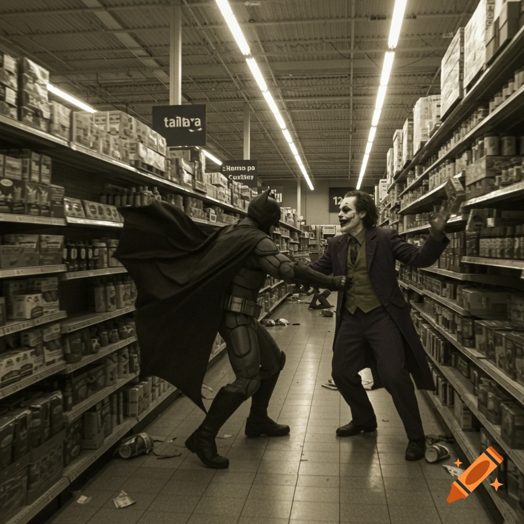Batman and Joker fighting in a supermarket aisle, captured in sepia-toned CCTV footage.