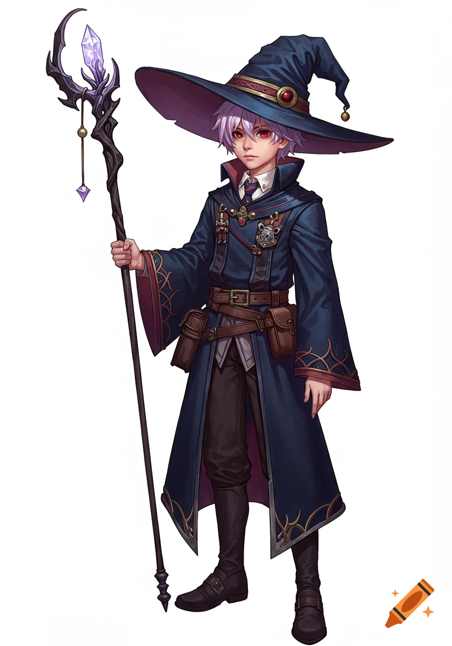 Full-body concept art illustration of a young wizard boy with pastel purple hair, red eyes, and navy robes, holding an ornate staff.