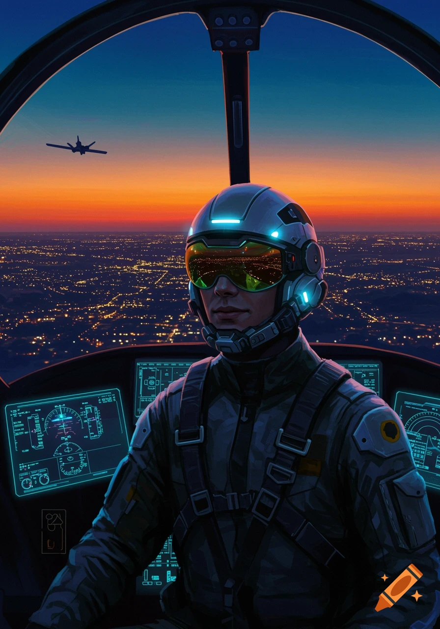 A pilot in a futuristic helmet and suit sits in a cockpit, looking out at a city skyline at sunset from above, with another plane in the distance.