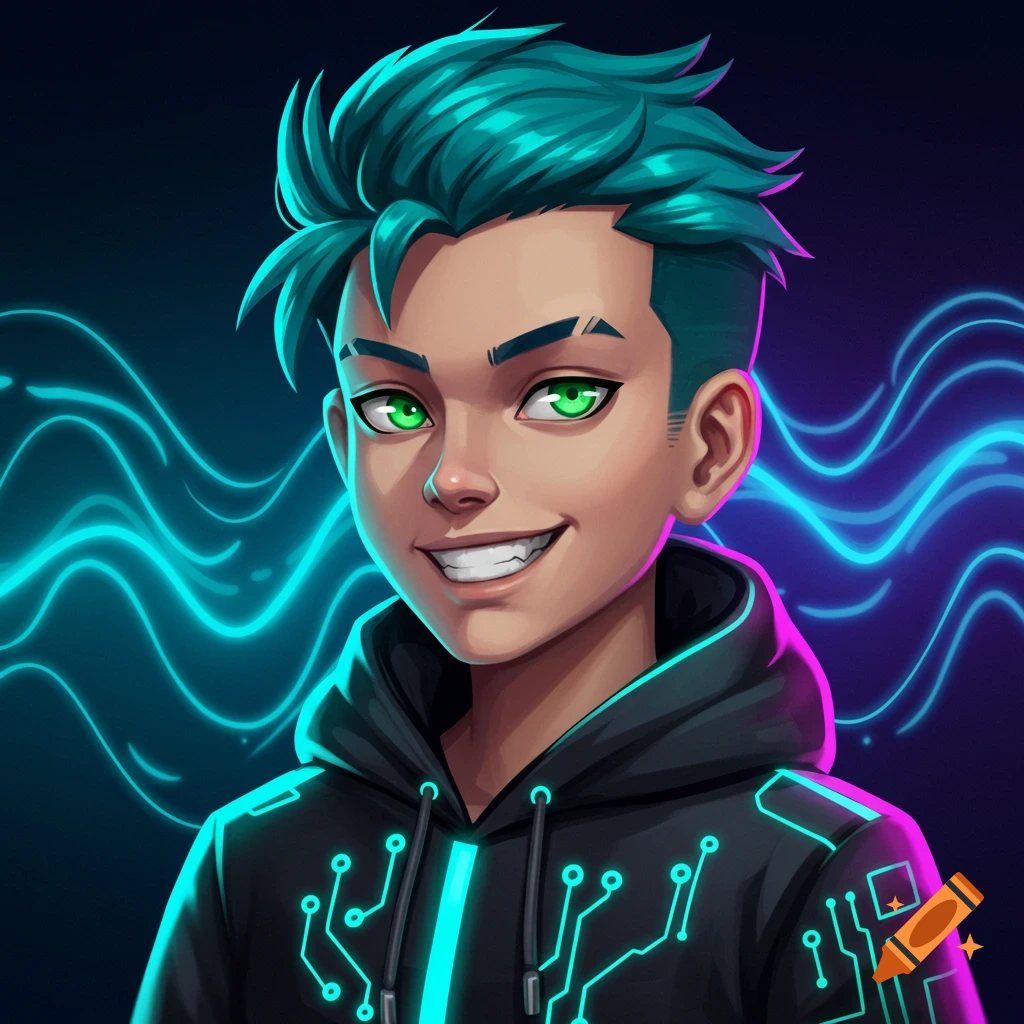 A cartoon portrait of a smiling young person with green eyes and teal hair, wearing a black hoodie with glowing blue circuit board designs.