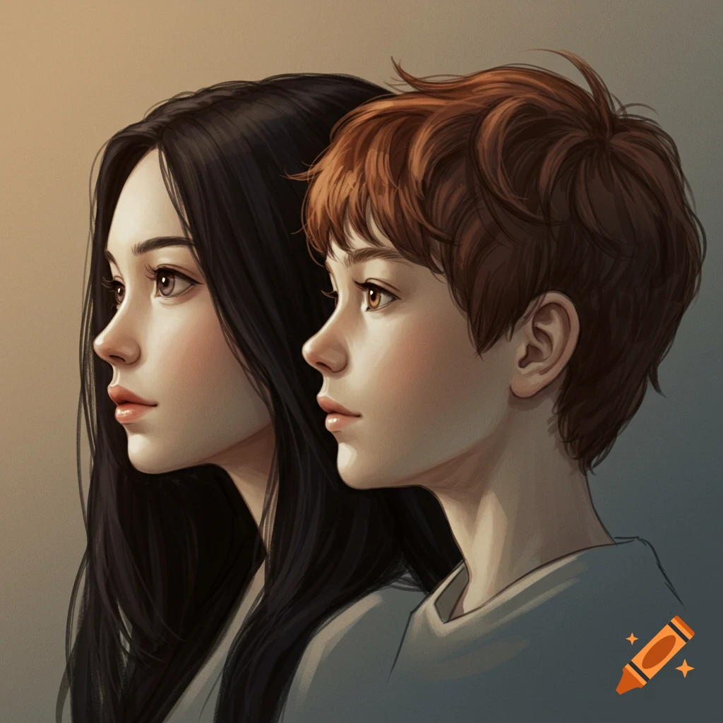 Digital drawing of a girl with long dark hair and a boy with short brown hair, shown in profile facing left.