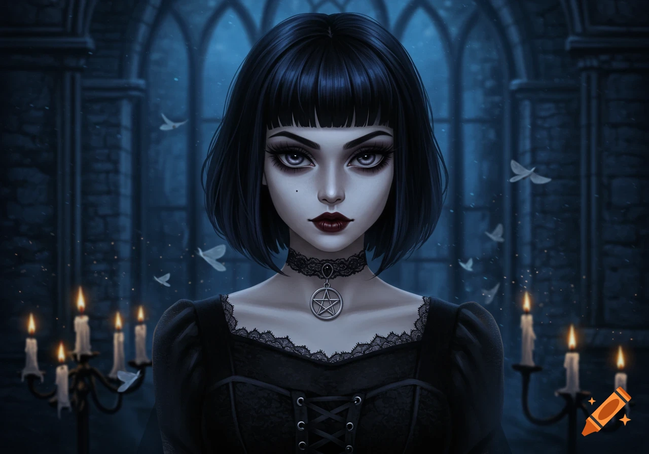 Anime goth girl with short black hair, bangs, black lace dress, and pentagram necklace in a gothic setting with candles.