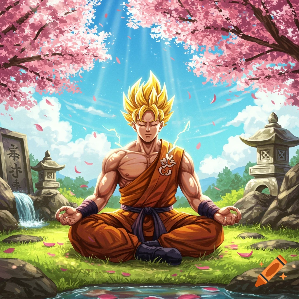 Goku-like character meditating in orange robes under cherry blossoms in a serene, anime-style landscape.