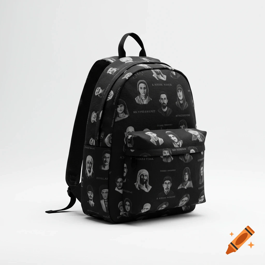 A black backpack with a pattern of black and white stylized portraits of people, some with head coverings, on a white background.