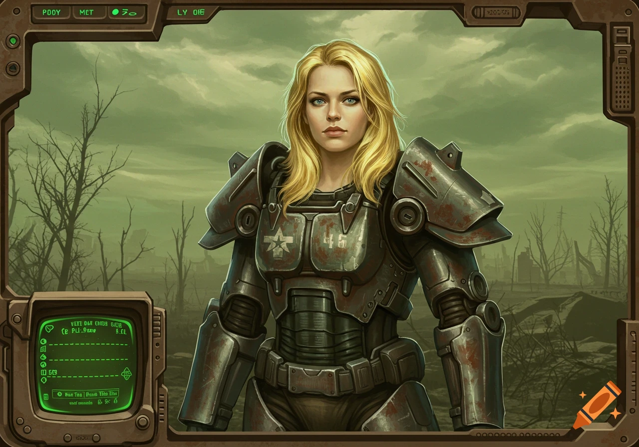 A blonde woman in rusty power armor stands in a barren, post-apocalyptic landscape, viewed through a retro game-style HUD.