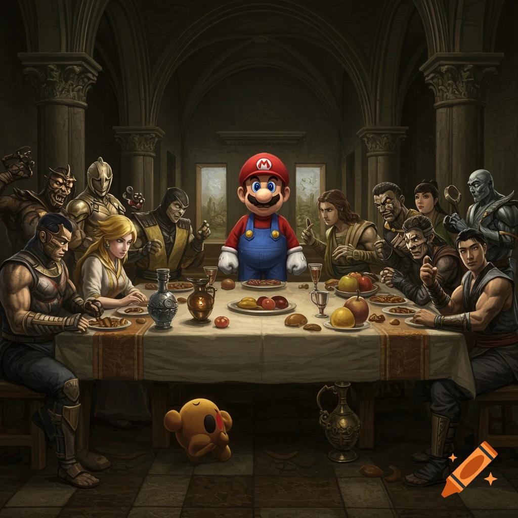 Mario sits at the center of a long table with Mortal Kombat characters in a dark, ornate hall, parodying The Last Supper painting.