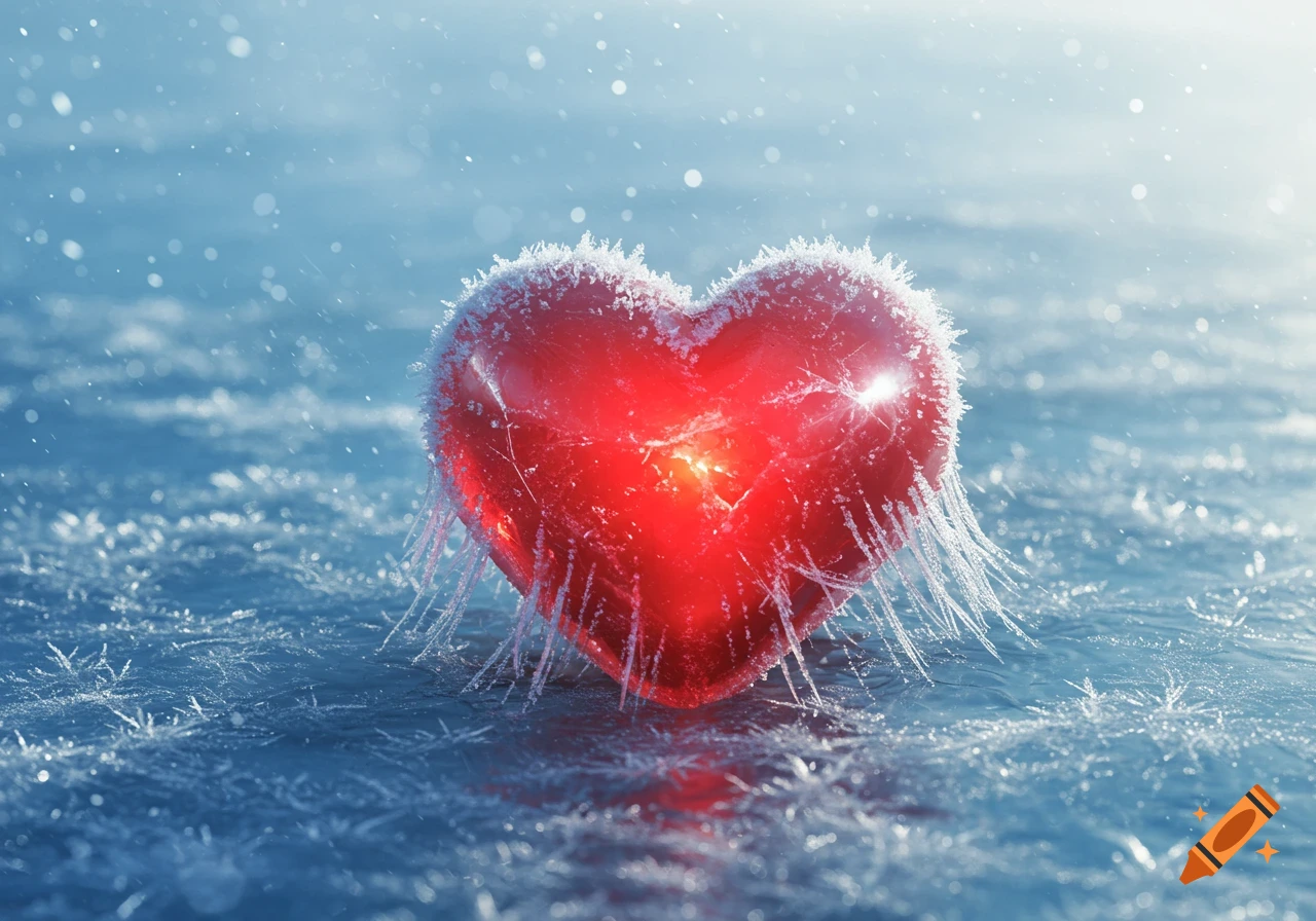 A glowing red heart covered in frost and icicles, sitting on a frozen icy surface with snow falling.