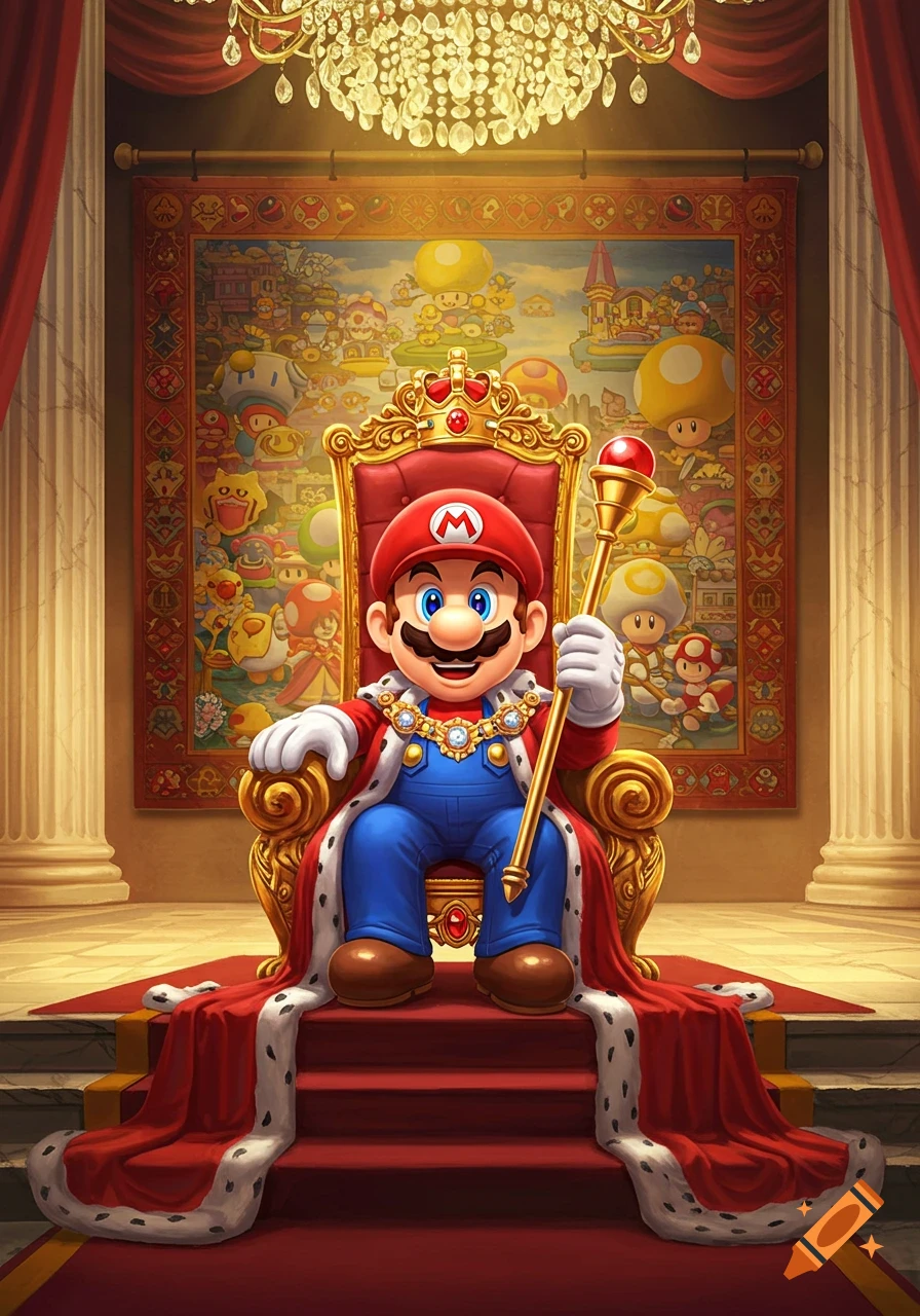 Mario sits on a golden throne, wearing a king's robe and crown, holding a scepter, in a grand hall with a tapestry.