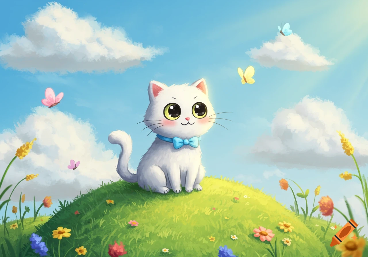 A cute white cartoon cat with a blue bow tie sits on a green hill among colorful flowers, under a blue sky with butterflies.