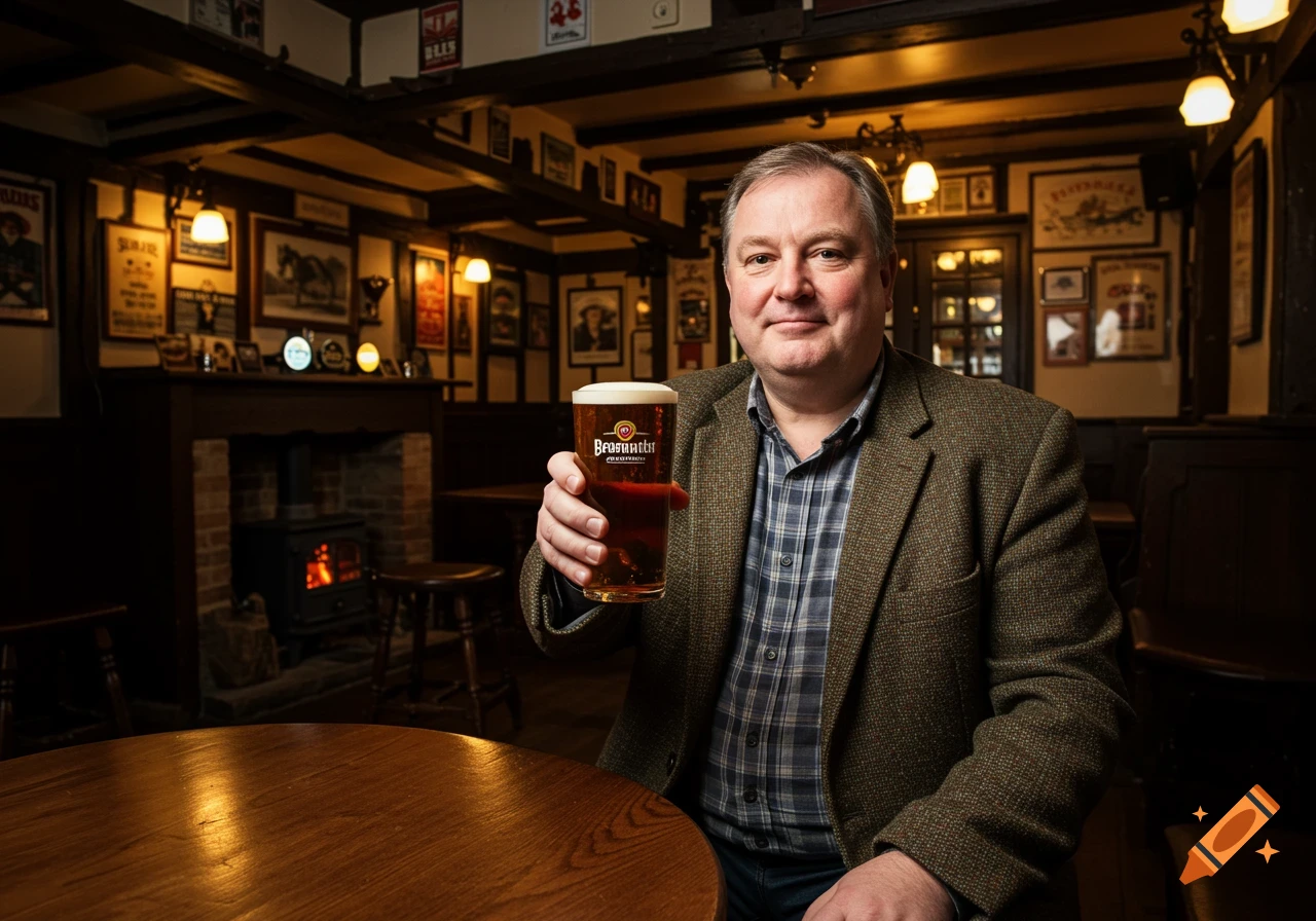 A photorealistic image of a middle-aged man holding a pint of beer and smiling in a traditional British pub.
