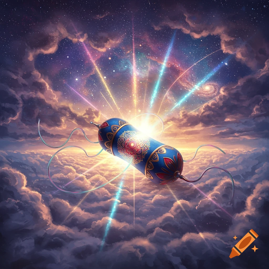 An ornate, blue and gold cylindrical object with a red mandala pattern floats in a vibrant cosmic sky above clouds, emitting colorful light rays.