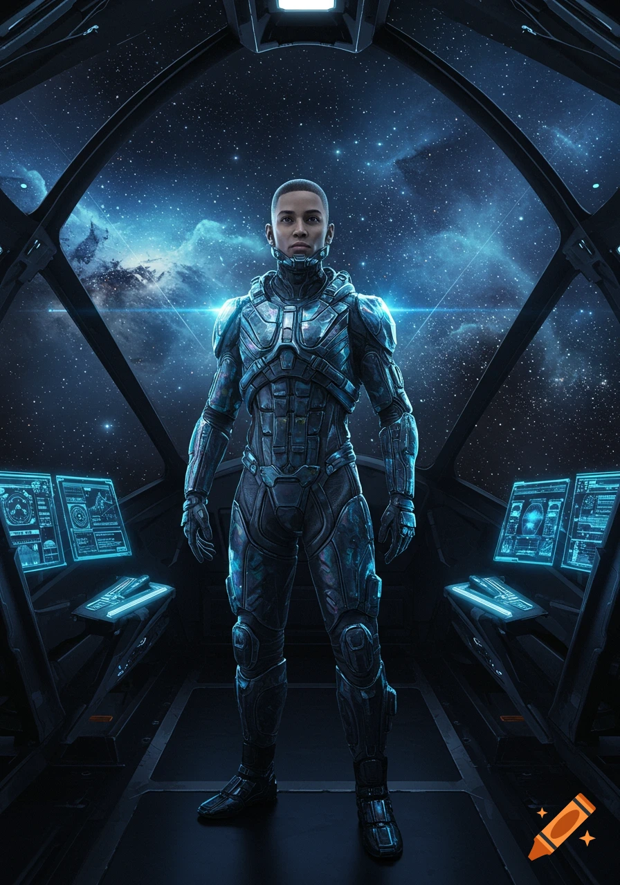 A person in a futuristic armored suit stands in a spaceship cockpit looking out at a starry nebula.