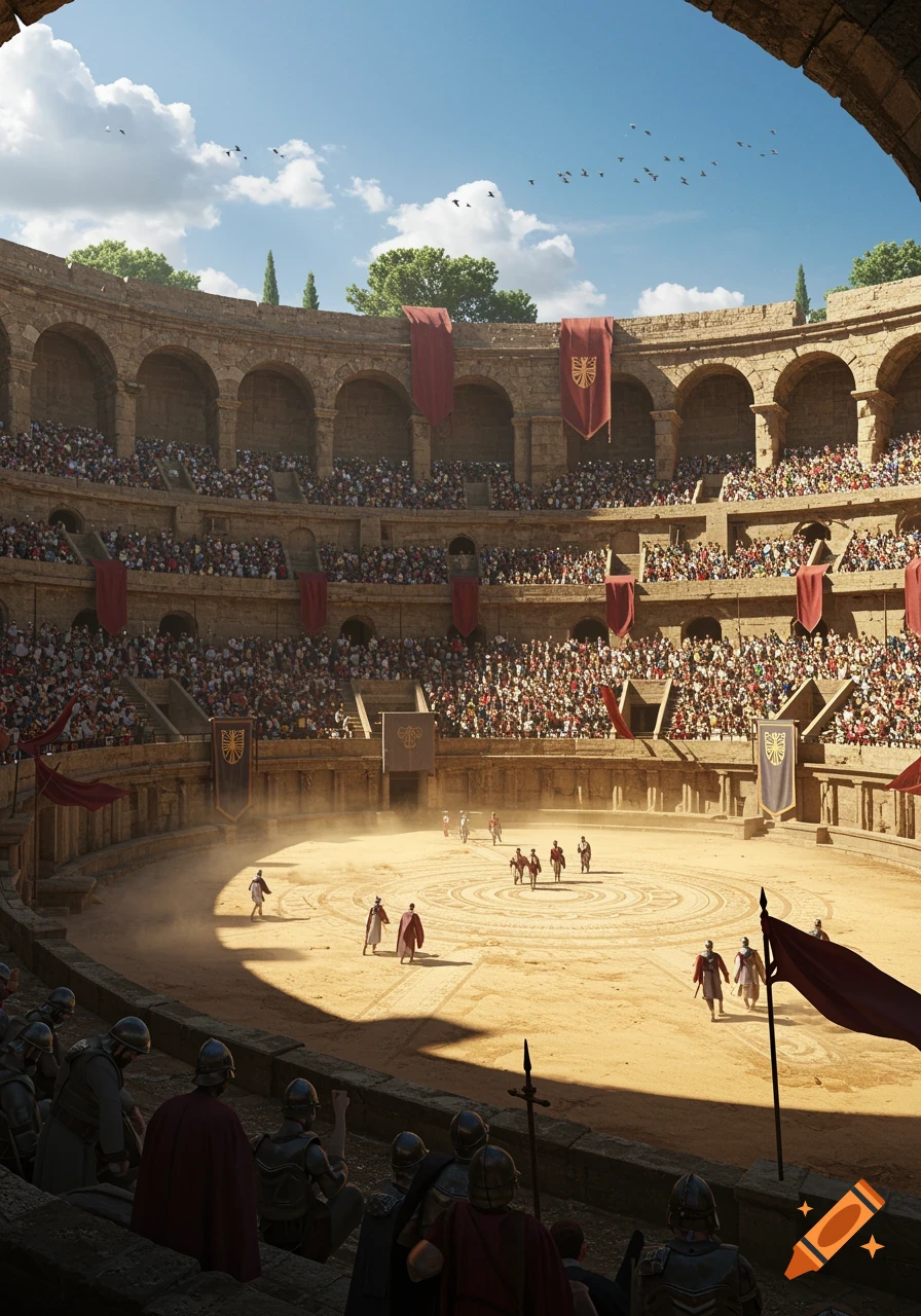 A grand, sunny Roman arena packed with spectators watching gladiators in the sandy pit, viewed from the upper stands.