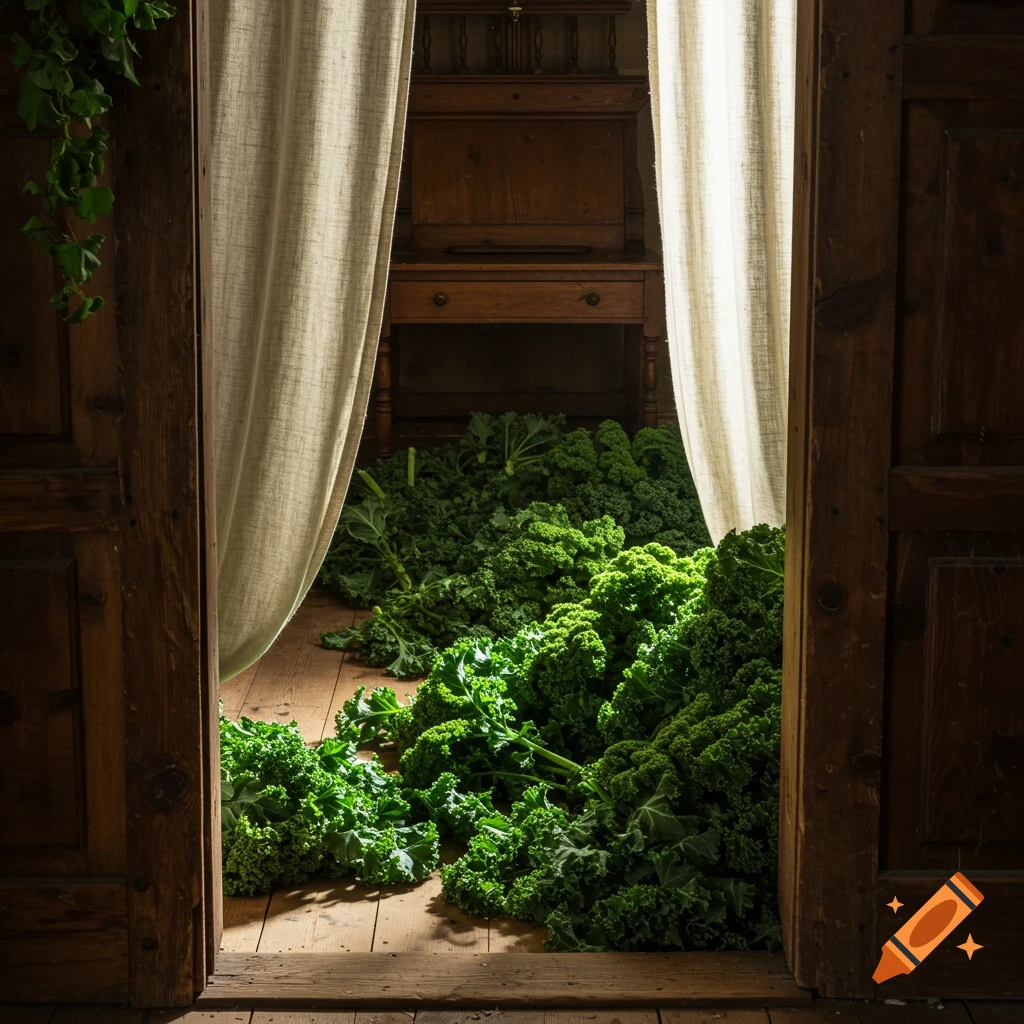 A photorealistic view through a wooden doorway into a rustic room overflowing with green kale leaves.