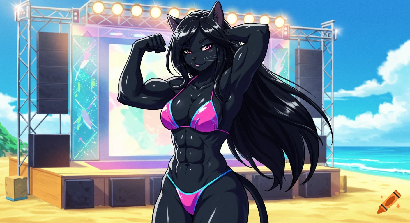 Anime drawing of an anthropomorphic black cat in a pink and blue bikini, flexing muscles on an outdoor stage by the beach.