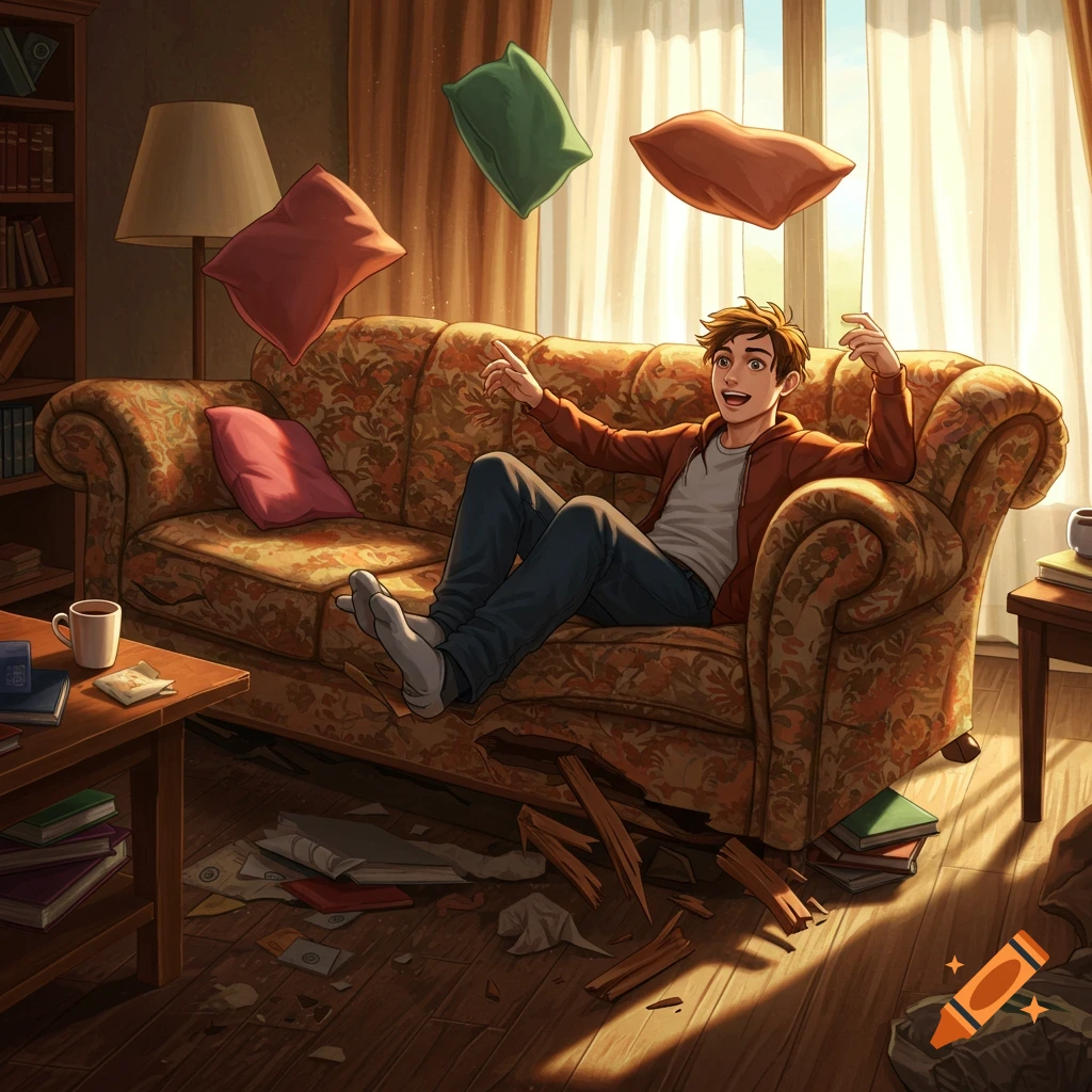 Illustrated young man smiling while sitting on a breaking floral couch with pillows floating in a messy, sunlit living room.
