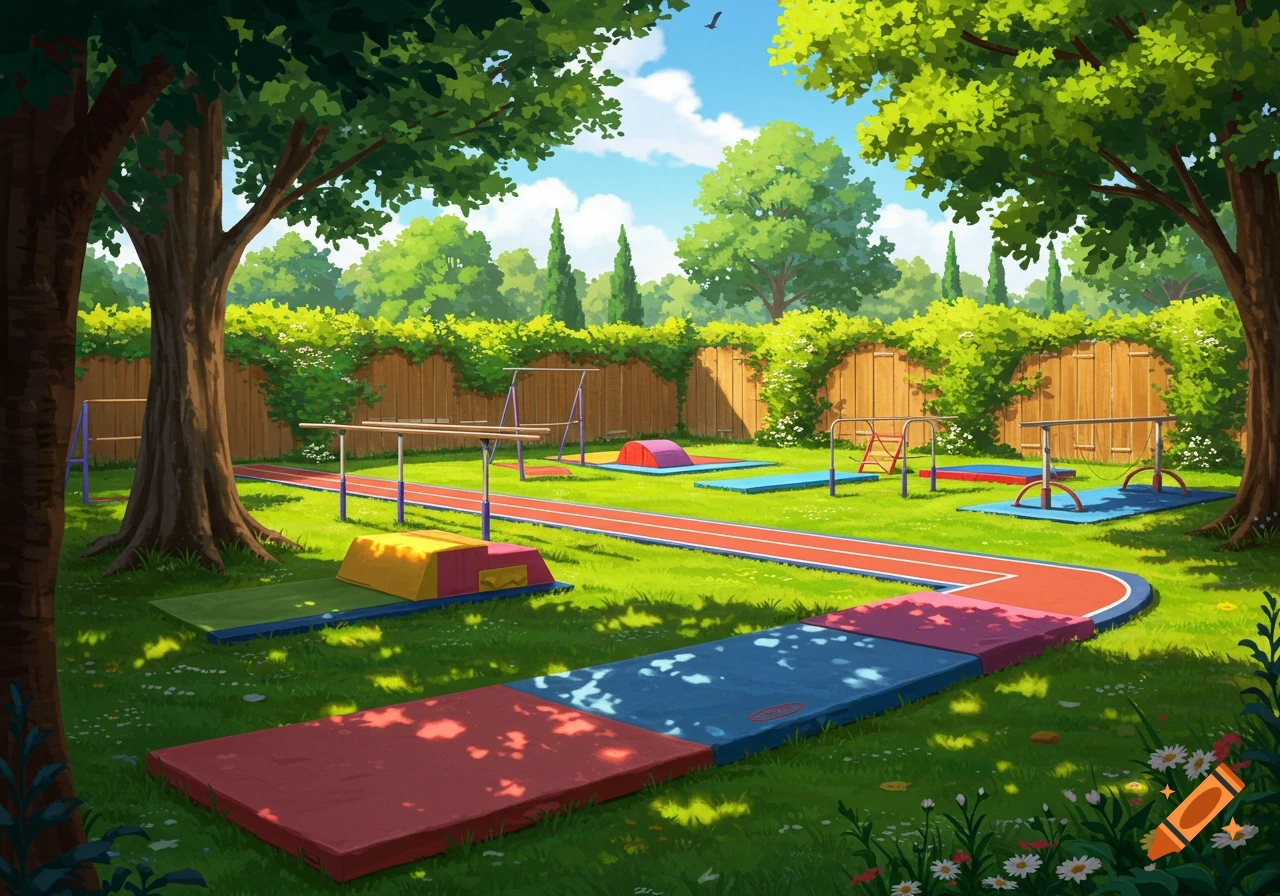 An illustration of a backyard with various gymnastics equipment, including parallel bars, a balance beam, and mats, under a clear sky.