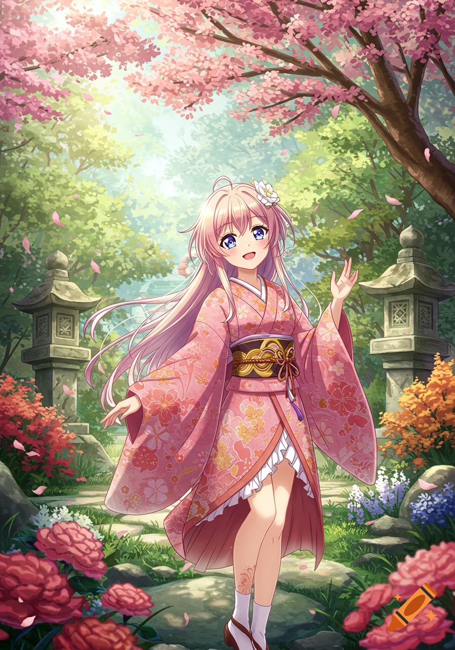 An anime girl with long pink hair and blue eyes, wearing a pink floral kimono, stands smiling in a beautiful cherry blossom garden.