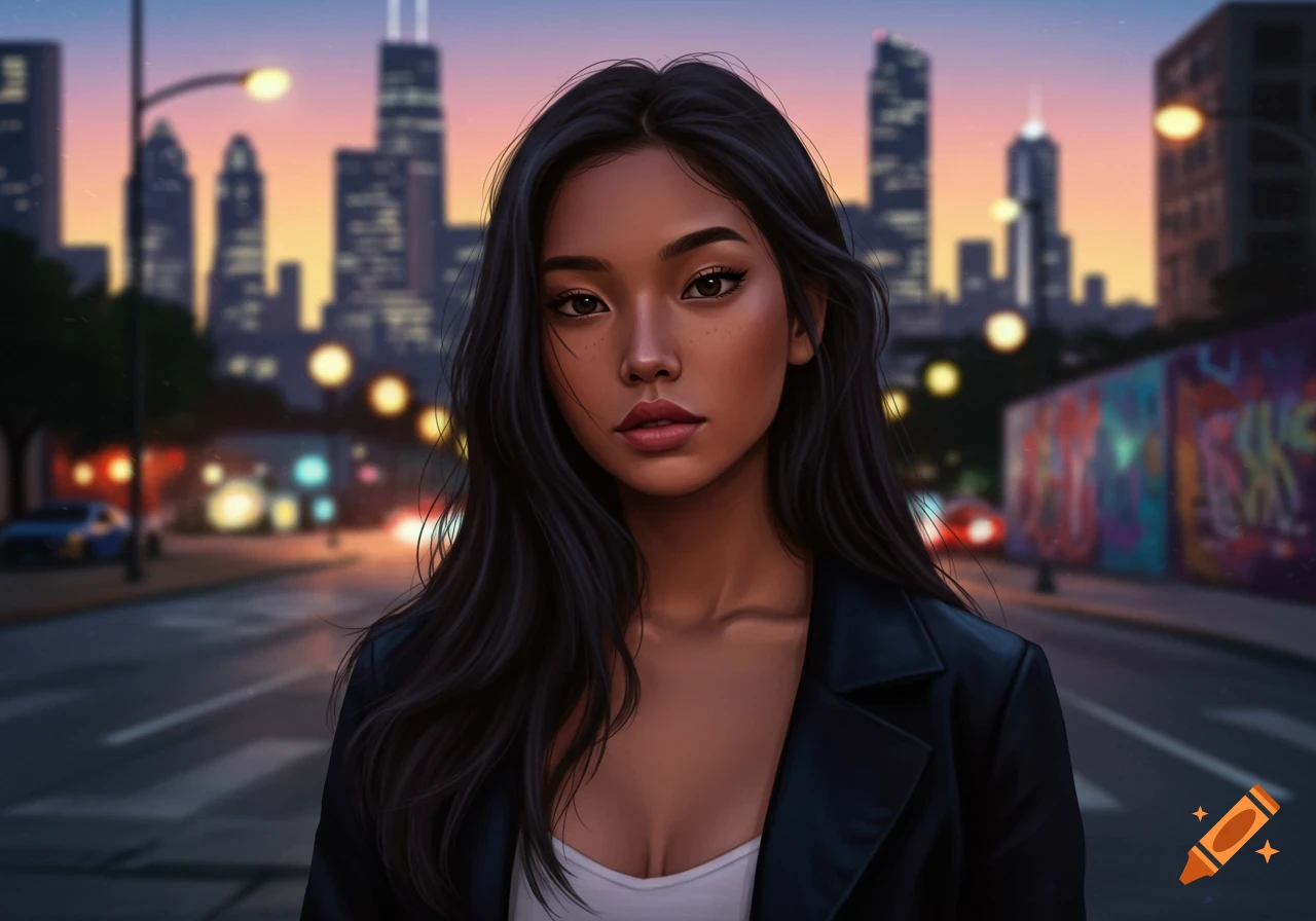 A pretty young woman with dark hair and light skin stands on a city street at sunset, with blurred buildings and lights in the background.