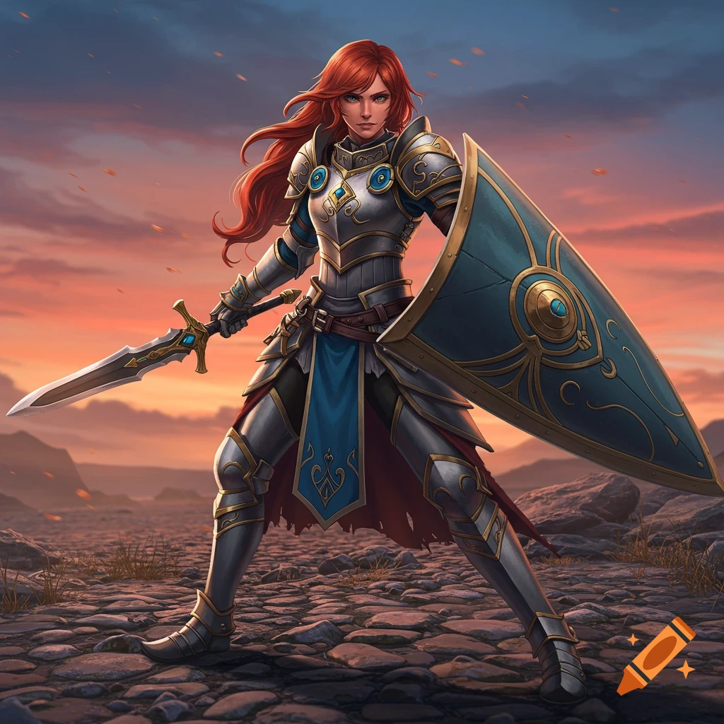 A red-haired female warrior in full plate armor, holding a sword and shield, stands on a rocky path against a sunset sky.