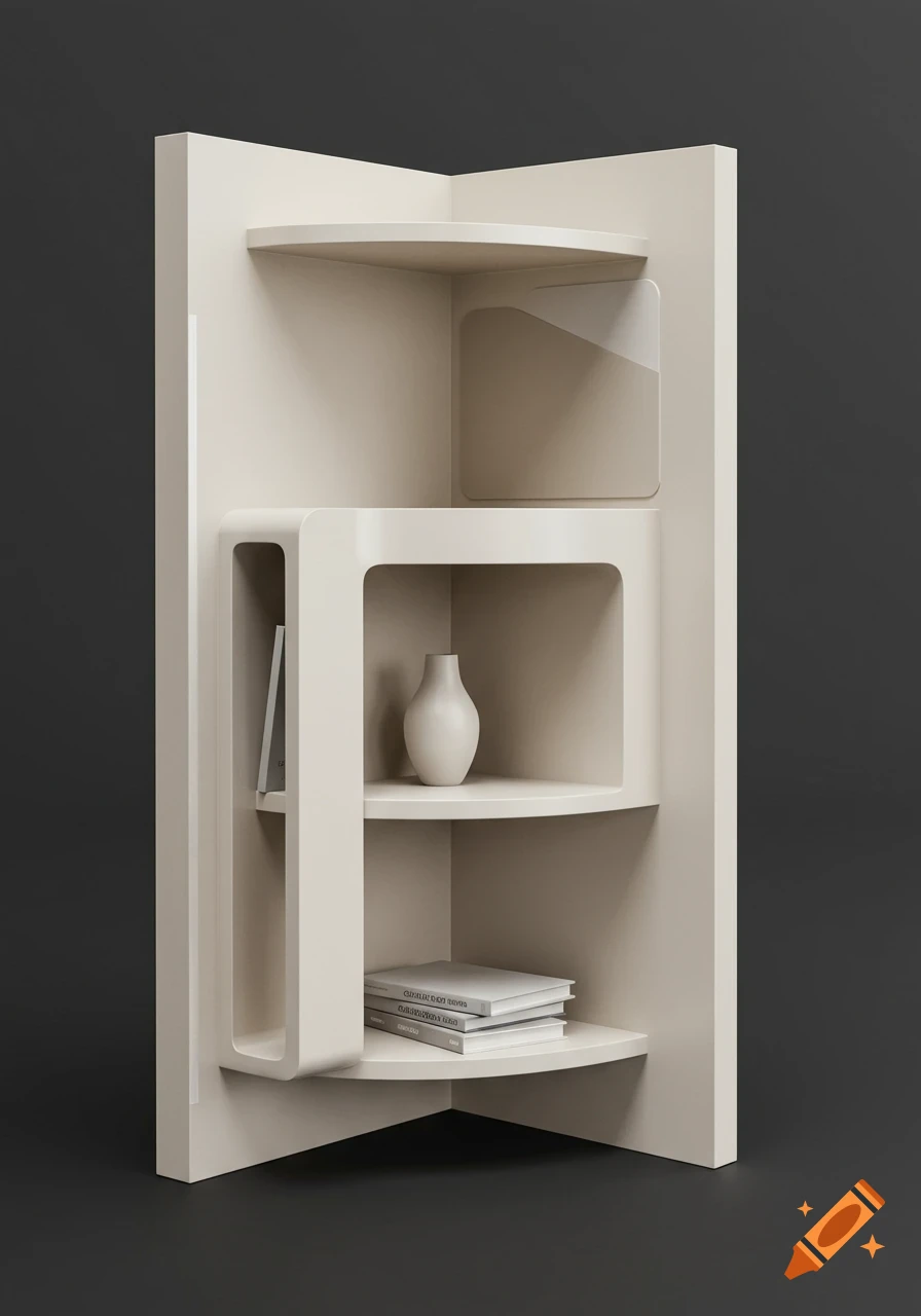 Minimalist cream-colored corner shelving unit with rounded shelves, a white vase, and books, set against a dark background in a clean, modern, photorealistic style.