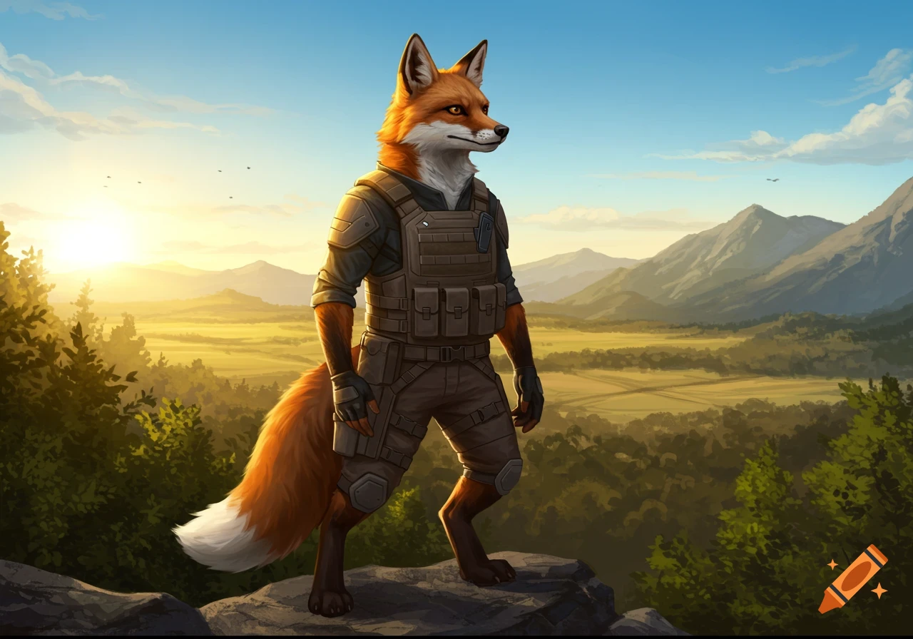 An anthropomorphic fox in tactical gear stands on a rocky outcrop, overlooking a sunlit valley and mountains at sunset.