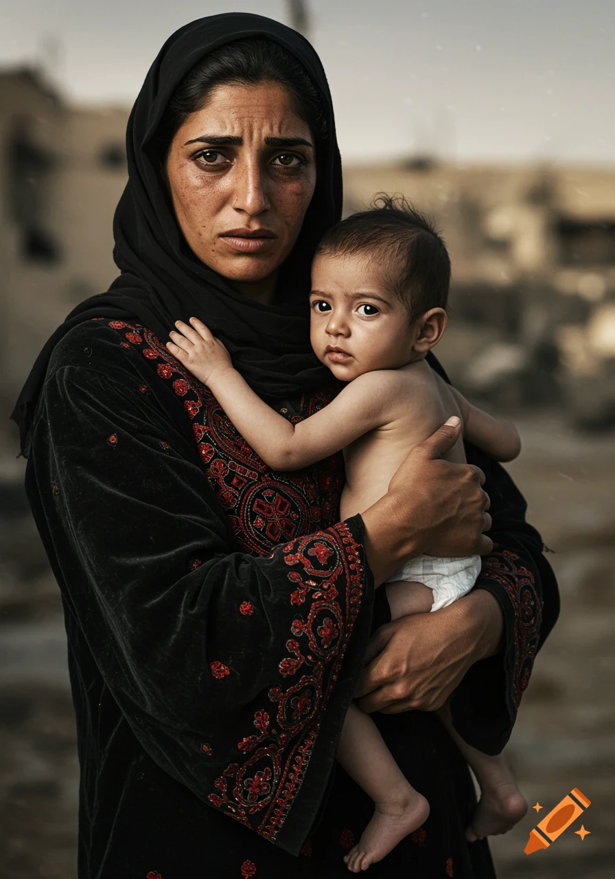 A photorealistic portrait of a distressed mother in a black headscarf holding her baby, both looking at the camera.