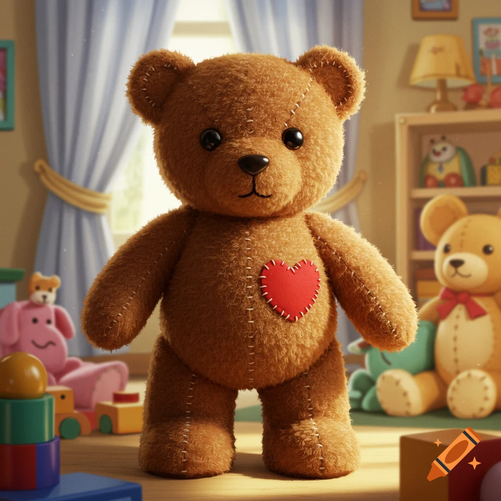 A fluffy brown teddy bear with a red heart on its chest stands in a brightly lit playroom surrounded by other toys.
