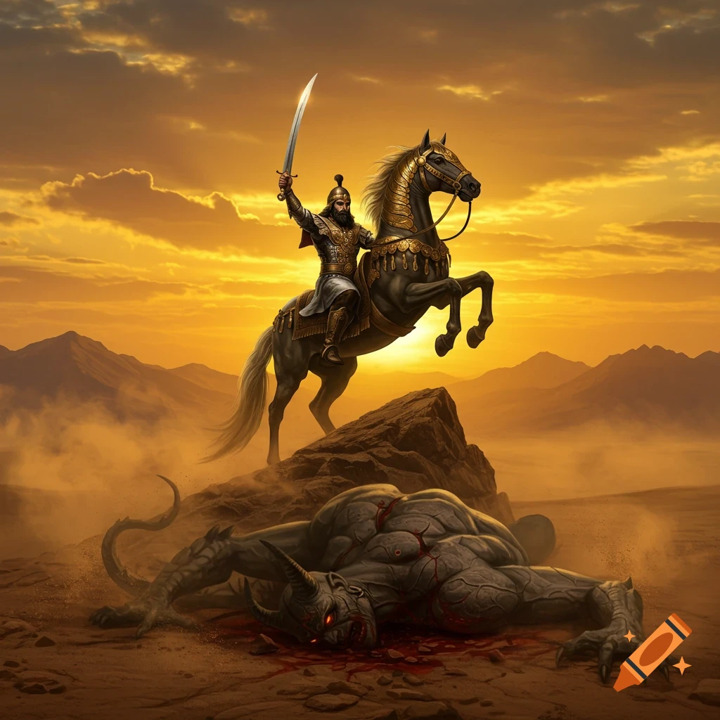 A heroic warrior on a rearing horse triumphantly raises a sword over a defeated demon in a sunlit desert at sunset, in an epic fantasy art style.