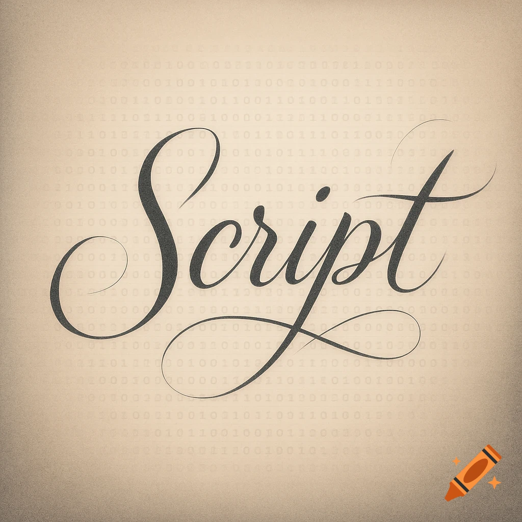 Elegant calligraphic word 'Script' over a background of faint binary code in soft beige and charcoal tones.