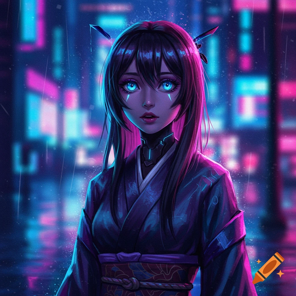 An anime girl with glowing blue eyes and facial markings in a dark, glowing kimono stands in a rainy, neon-lit cyberpunk city.