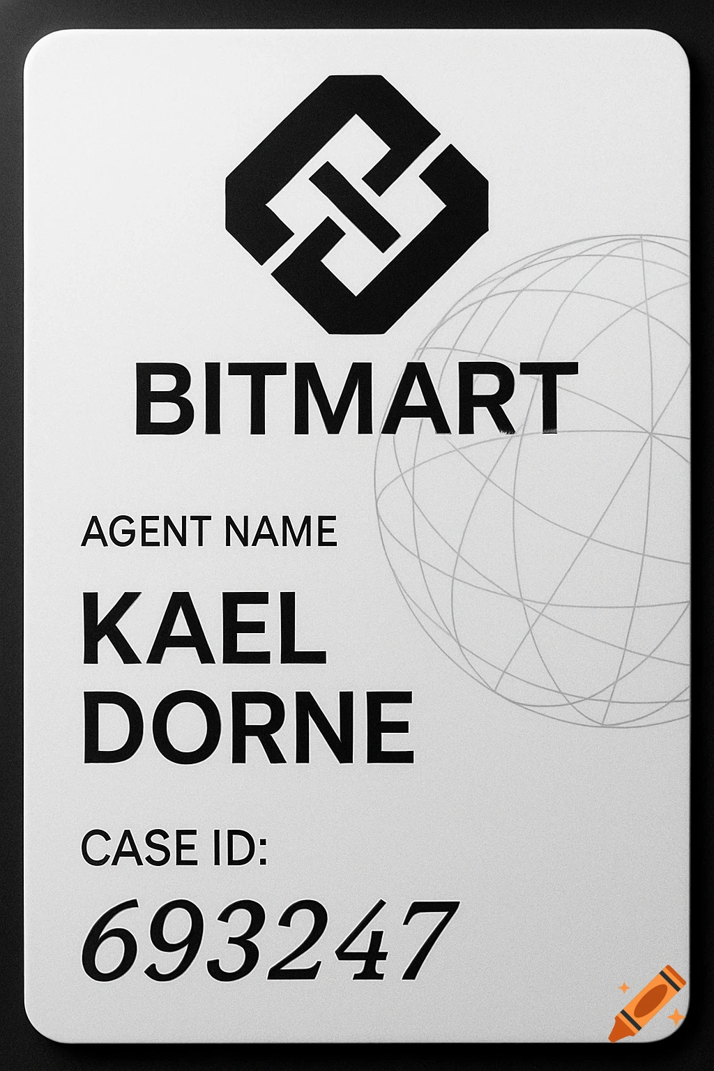 Close-up, black and white Bitmart employee verification ID card for Agent Kael Dorne, Case ID 693247.