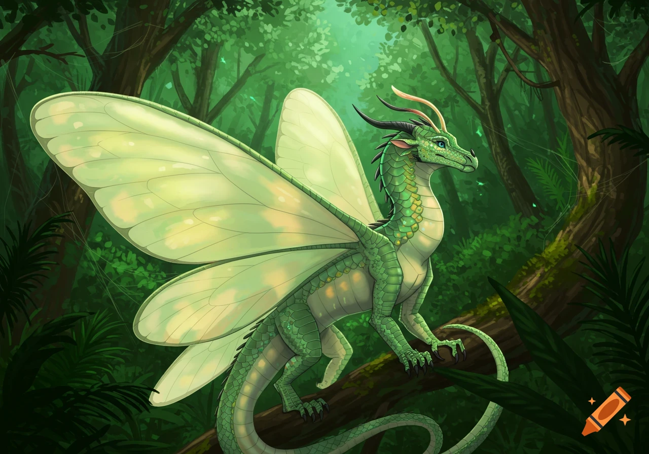 A green dragon with large, translucent pale green butterfly wings perches on a tree branch in a lush jungle.