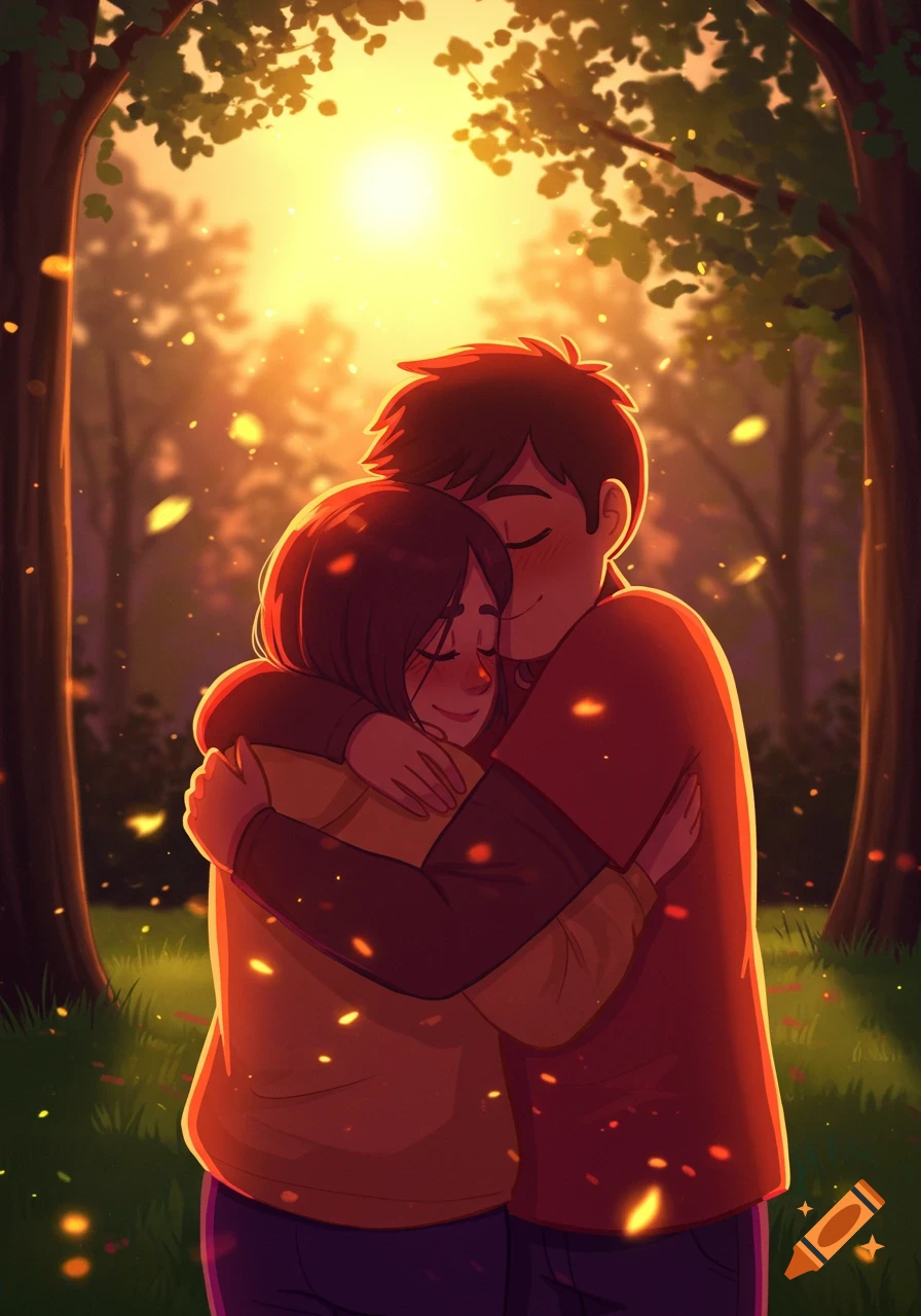 Two cartoon characters, a man and a woman, embrace warmly in a sunlit forest, surrounded by glowing particles.